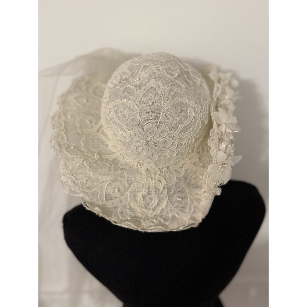 Vintage bohemian Floral Bridal Hat with Veil Ivory Lace Wedding Church 34" long‎ - Picture 5 of 12
